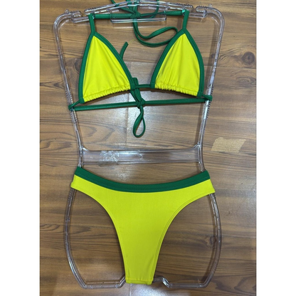 Biquíni Cos Alto Asa Delta Conjunto Feminino Amarelo e Verde Verão Praia