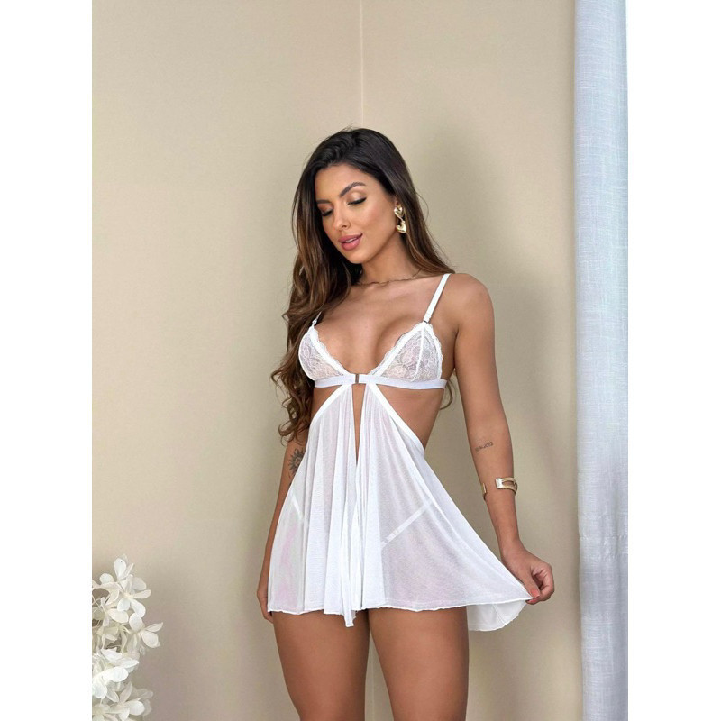 Camisola Tule Com Calcinha De Regulagem Sexy Feminina